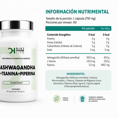 Ashwagandha + Teanina + Piperina Diet House Life 750mg - 60 Cápsulas