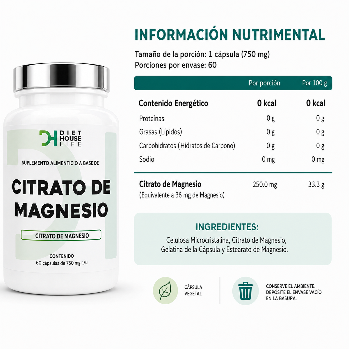 Citrato de Magnesio Diet House Life 750mg - 60 Cápsulas
