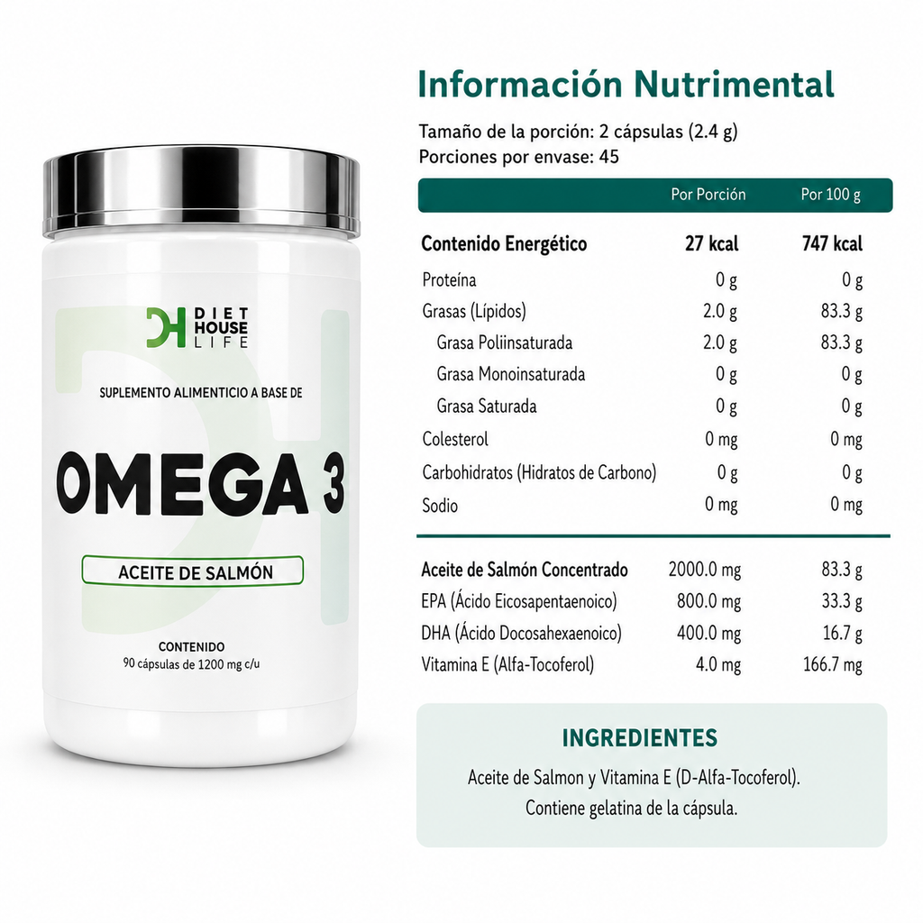 Omega 3 Diet House Life - Aceite de Salmón 1200mg - 90 Softgel
