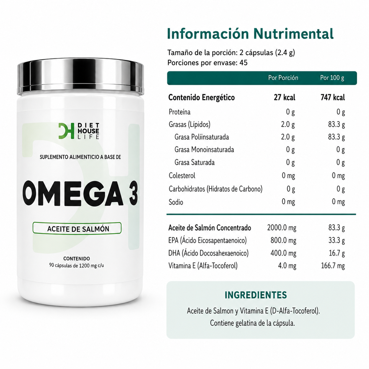 Omega 3 Diet House Life - Aceite de Salmón 1200mg - 90 Softgel