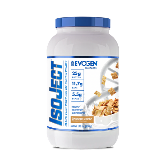 Un envase blanco de proteína en polvo Getfit Isoject Whey - EVOGEN con tapa azul presenta el sabor Cinnamon Crunch. La etiqueta destaca 25 g de proteína, 11,7 g de EAA y 5,5 g de BCAA por porción, ideal para atletas olímpicos, con énfasis en la pureza y la recuperación y absorción.