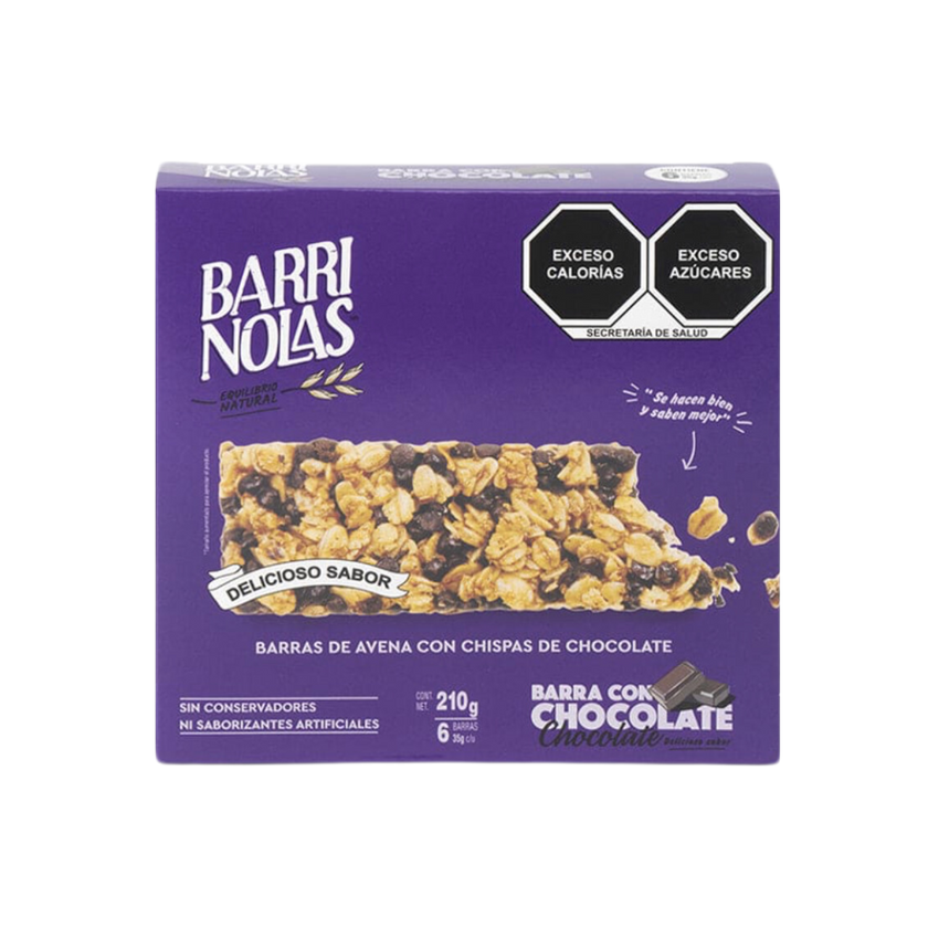 Una caja de cereal de color morado con la marca Get Fit Mexico presenta el texto Delicioso Sabor y Barrita de Avena con Chocolate - BARRINOLAS. Elaborado con ingredientes naturales para un impulso de energía. Las etiquetas advierten sobre Exceso Calorías y Exceso Azúcares. Peso neto: 210 g, 6 barras.