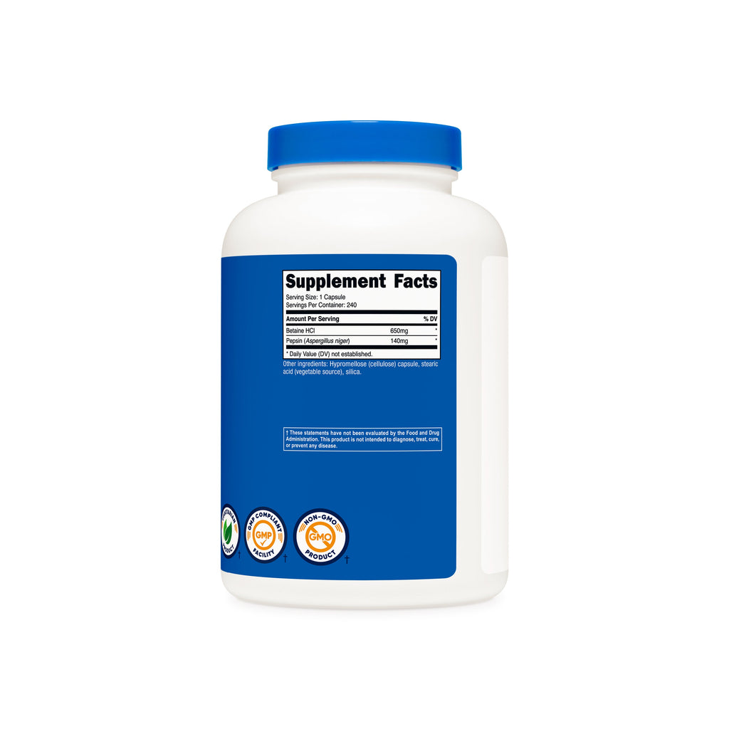 Tabla de suplementos Betaine HCL Pepsina Nutricost