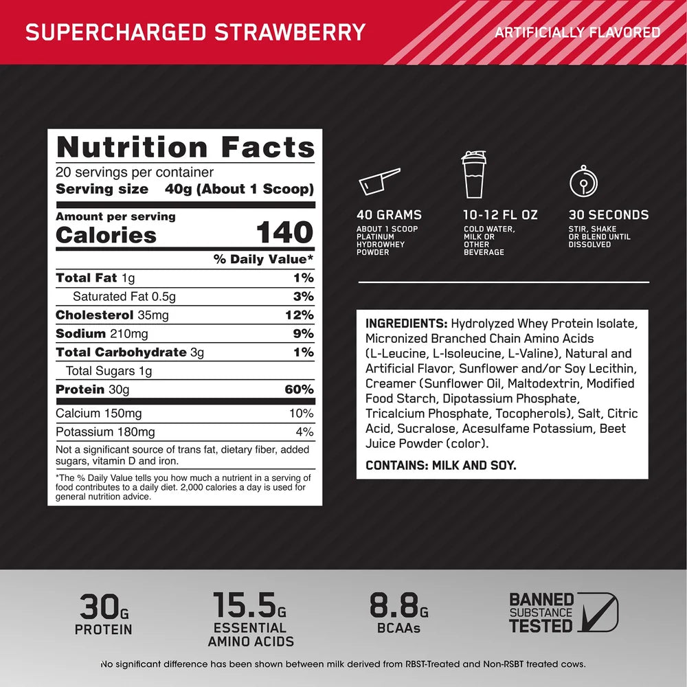 Hydro Whey Optimum Nutrition - tabla nutrimental