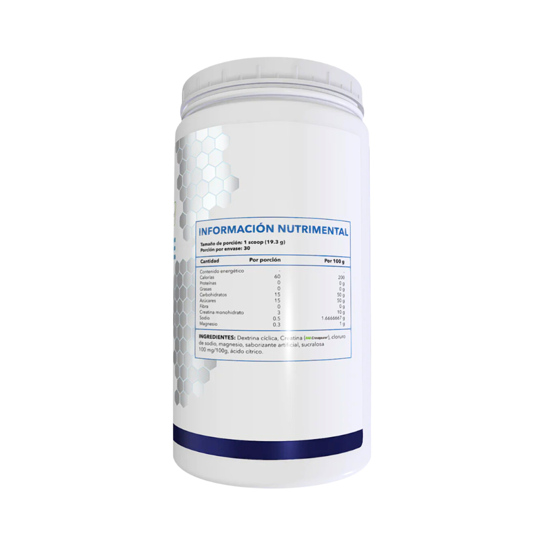 El Glycopure - ESSENTIALS de Get Fit México es un envase de plástico blanco con una etiqueta azul en español, que presenta un patrón hexagonal a la izquierda y electrolitos clave. Los ingredientes incluyen dextrosa, ácido cítrico, bicarbonato de sodio, saborizante y sucralosa. Hay una franja azul cerca de la base.