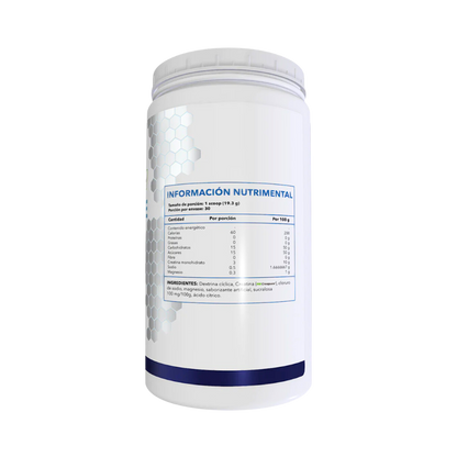 El Glycopure - ESSENTIALS de Get Fit México es un envase de plástico blanco con una etiqueta azul en español, que presenta un patrón hexagonal a la izquierda y electrolitos clave. Los ingredientes incluyen dextrosa, ácido cítrico, bicarbonato de sodio, saborizante y sucralosa. Hay una franja azul cerca de la base.