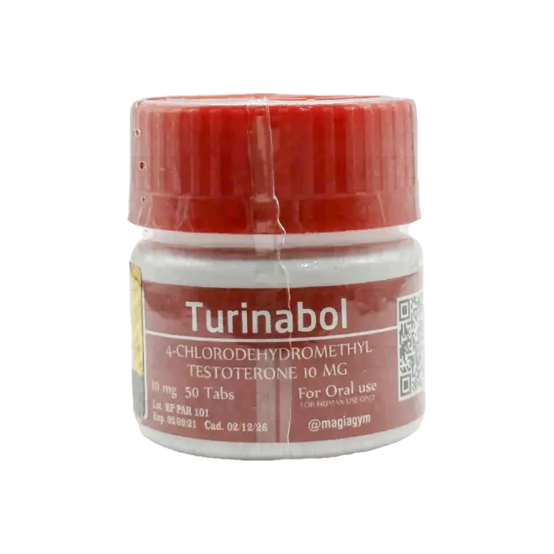 Un pequeño envase de plástico blanco con tapa roja tiene la etiqueta Turinabol - ROTTERDAM de Get Fit México. Contiene 50 tabletas de 10 mg de 4-clorodehidrometiltestosterona para uso oral. La etiqueta roja incluye un código QR y una fecha de vencimiento del 26/12/2020 para una fácil verificación.