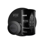 Se muestran dos envases cilíndricos de Creatina Monohidrato de getfit - BIRDMAN. Uno está en posición vertical con un diseño negro que presenta una pluma estilizada y texto; el otro se encuentra de lado, mostrando una tapa con la marca. El texto de fondo dice “LA CREATINA MÁS PURA DEL MUNDO”, destacando el rendimiento y la masa muscular.