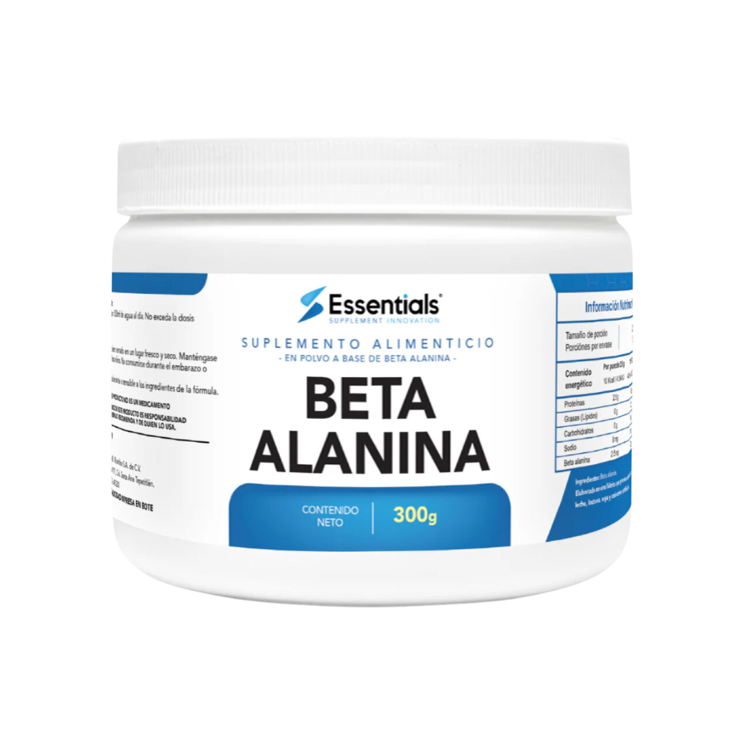Un envase de plástico blanco de 300 g de Beta Alanina - ESSENTIALS de getfit incluye Suplemento Alimenticio en español, promueve la resistencia muscular para actividades de alta intensidad y tiene información nutricional e instrucciones en texto en azul y negro.