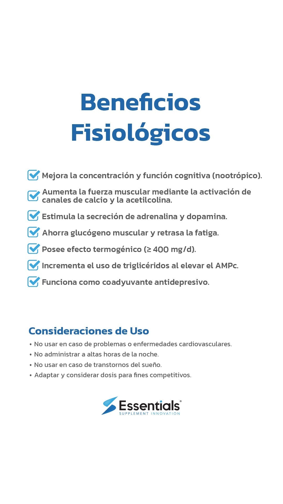 Cafeína Anhidra Essentials - Beneficios Fisiológicos