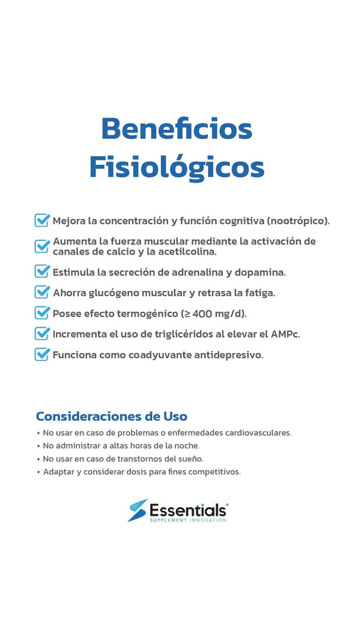 Cafeína Anhidra Essentials - Beneficios Fisiológicos
