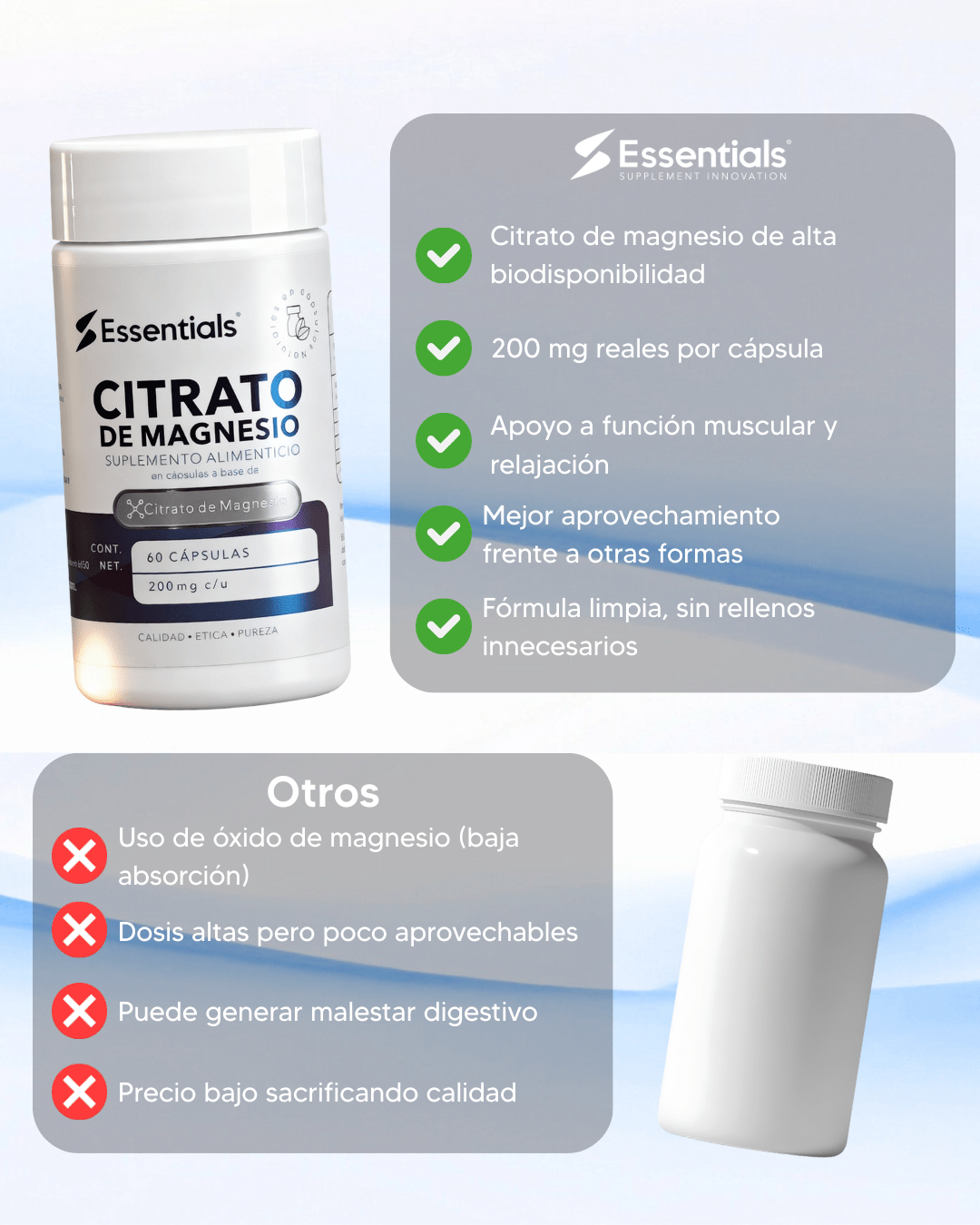 Citrato de Magnesio Essentials - beneficios y ventajas vs otras formas de magnesio - Get Fit Mexico
