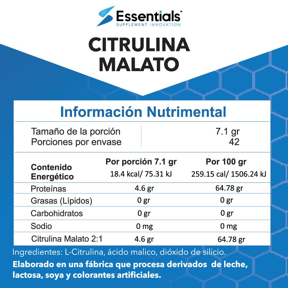 Citrulina Malato Essentials 300g - Tabla de Información Nutrimental