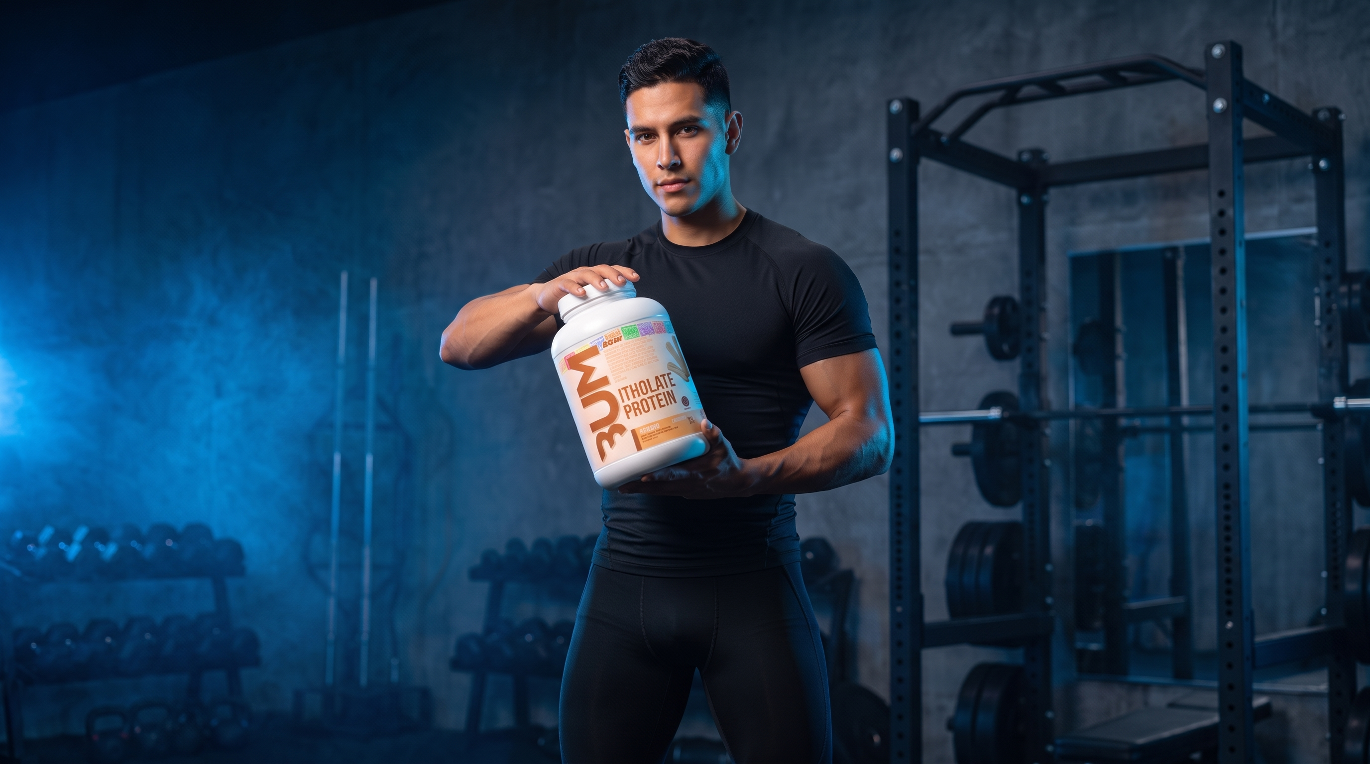 CBUM x RAW Itholate Protein - modelo en gimnasio