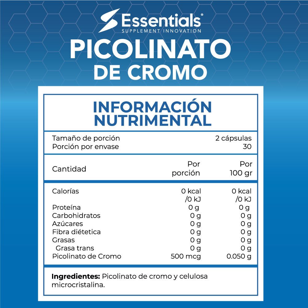 Picolinato de Cromo Essentials - tabla de suplementos