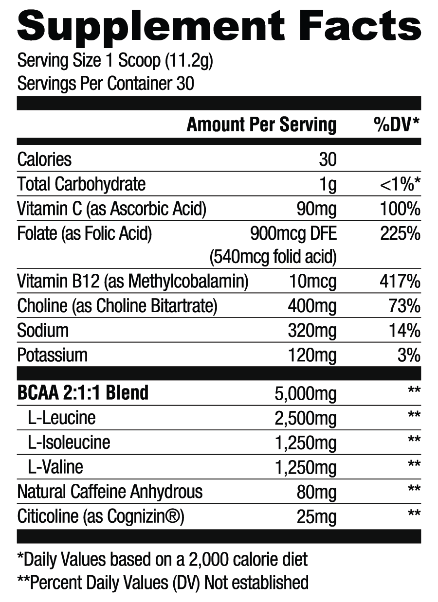 Focus BCAA RYSE - Tabla de Supplement Facts