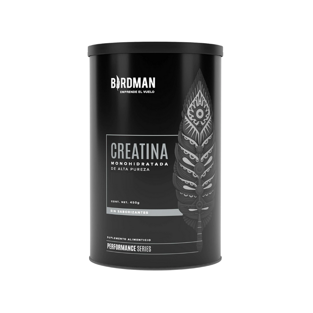 El Getfit Creatina Monohidrato - BIRDMAN cuenta con un envase cilíndrico negro con una pluma estilizada. El texto en español destaca los beneficios para el rendimiento y la masa muscular. La etiqueta de 450 g indica que no contiene aditivos según la Performance Series.