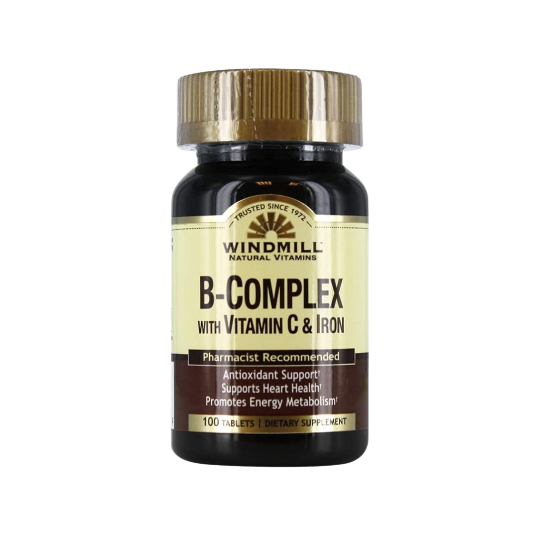 Un frasco de Complejo B - WINDMILL de Getfit favorece la salud antioxidante, potencia el metabolismo energético y mejora el sistema nervioso. Contiene 100 comprimidos recomendados por los farmacéuticos para una mejor salud cardiovascular y se presenta en un frasco oscuro con tapa marrón y etiqueta de color crema.